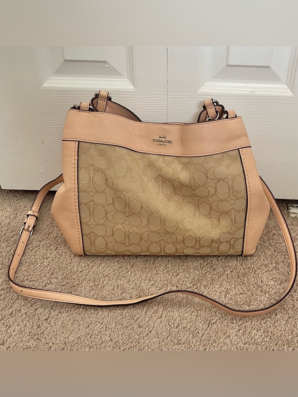 Coach Beige Signature Canvas Shoulder Bag with Light Pink Trim
